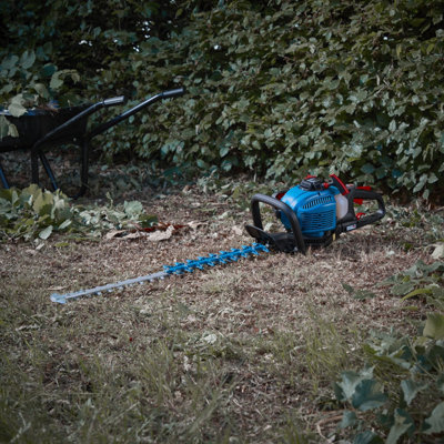 A petrol hedge trimmer with a small petrol motor above the handle.