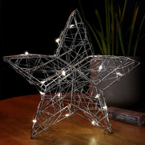 20cm Battery Operated Silver Woven Mesh Christmas Star Decoration with Warm White LEDs