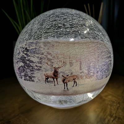 20cm Battery Operated Twinkling Warm White LED Crackle Effect Ball Christmas Decoration with Reindeer