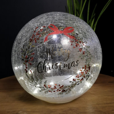 20cm Battery Operated Warm White LED Crackle Effect Ball Christmas Decoration with Merry Christmas