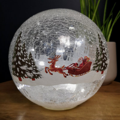 20cm Battery Operated Warm White LED Crackle Effect Ball Christmas Decoration with Reindeer and Sleigh