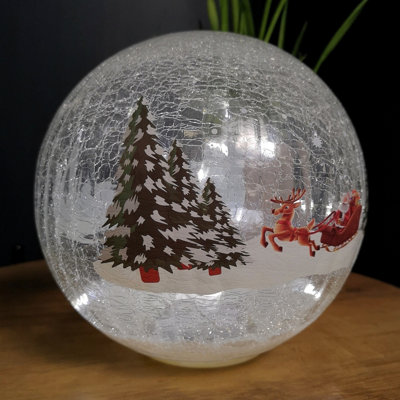 20cm Battery Operated Warm White LED Crackle Effect Ball Christmas Decoration with Reindeer and Sleigh