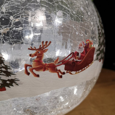 20cm Battery Operated Warm White LED Crackle Effect Ball Christmas Decoration with Reindeer and Sleigh