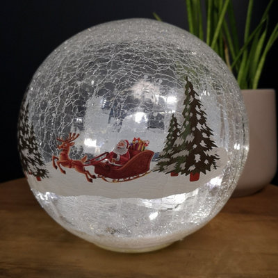 20cm Battery Operated Warm White LED Crackle Effect Ball Christmas Decoration with Reindeer and Sleigh