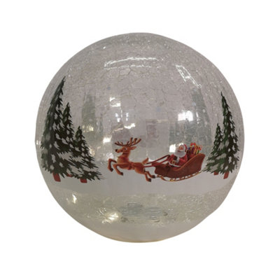 20cm Battery Operated Warm White LED Crackle Effect Ball Christmas Decoration with Reindeer and Sleigh