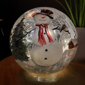 20cm Battery Operated Warm White LED Crackle Effect Ball Christmas Decoration with Snowman