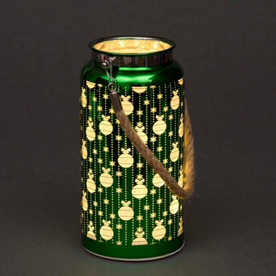 20cm Christmas Decorated Jar Table Baubles Design Green Lantern