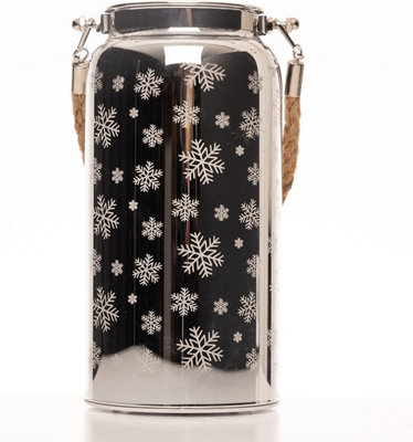20cm Christmas Decorated Jar Table Snowflakes Design Silver Lantern