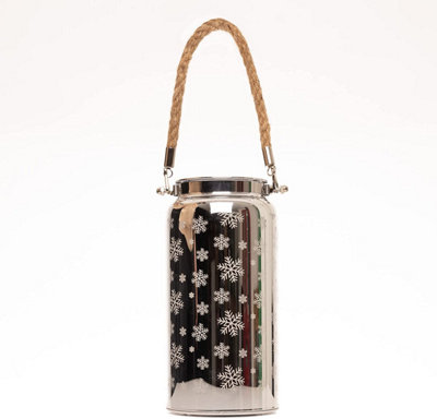 20cm Christmas Decorated Jar Table Snowflakes Design Silver Lantern