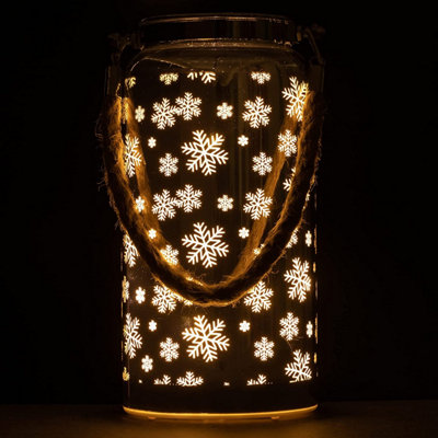 20cm Christmas Decorated Jar Table Snowflakes Design Silver Lantern