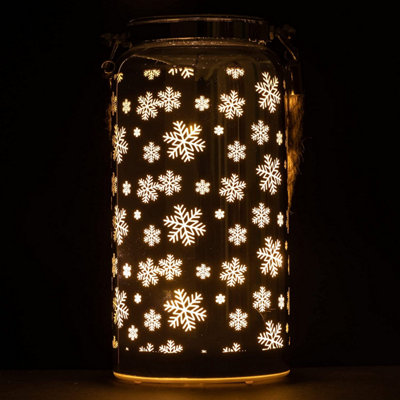 20cm Christmas Decorated Jar Table Snowflakes Design Silver Lantern