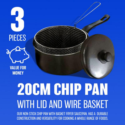 20Cm Non Stick Chip Pan With Strainer Basket - Non Stick With Handles For Easy & Safe Carrying