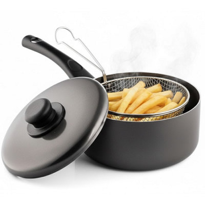 20cm Polished Chip Pan With Lid Lightweight Non Stick Traditional Deep ...