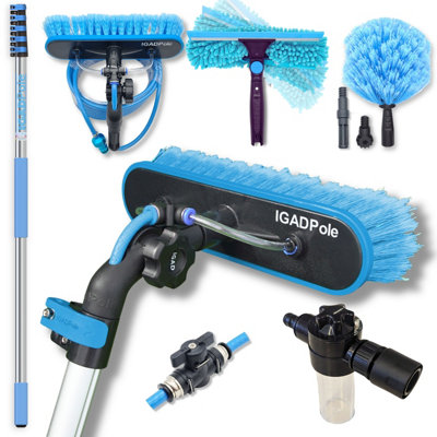 20ft IGADPole Washing Kit: Water-fed Brush, Cobweb Duster, 10in Squeegee & Soap Dispenser