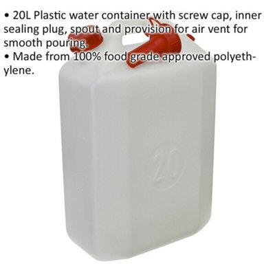 20L Plastic Water Container - Screw Cap - Inner Sealing Plug - Pouring Spout