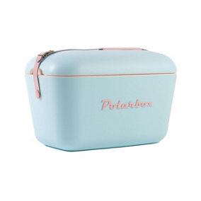 20L Polarbox Retro Coolbox - Portable Insulated Cooler Box with Pink Leather Strap & Lid Tray - H29 x W45 x D30cm, Sky Blue