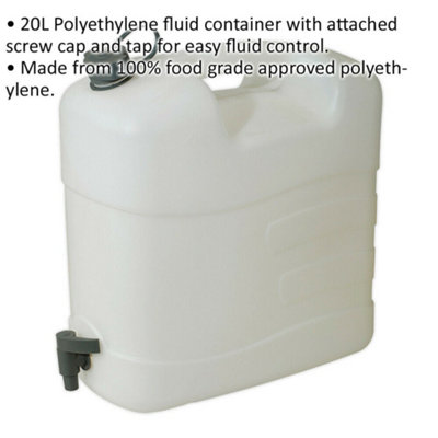 20L Polyethylene Fluid Container - Screw Cap & Tap - Food Grade Plastic