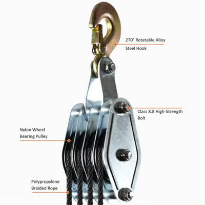 20m 400kg Pulley Block Tackle Hoist Rope 270 Rotatable System