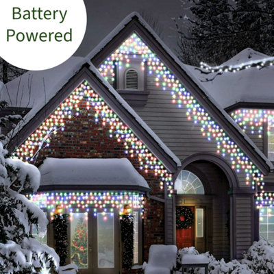 20m/65ft Multi-Coloured Connectable Icicle Lights 672 BATTERY LEDs 8 Settings Memory & Timer Outdoor Weatherproof Christmas