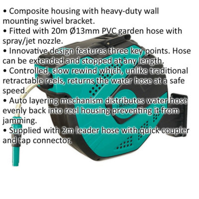 20m Auto-Rewind Control Garden Hose Pipe Reel - 13mm PVC Hose - Spray Jet Nozzle