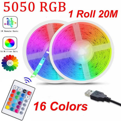 20m RGB LED Strip Lights with 44 Key Remote and USB Power, 5050 Colour ...