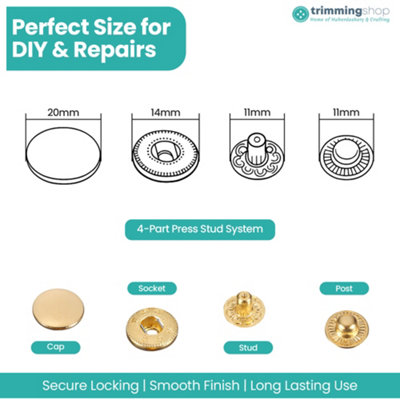 20mm S Spring Press Studs 4-Part, Metal Snap Fasteners - Gold, 50pcs