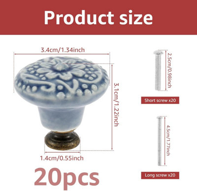20Pcs Ceramic Door Knobs Set Vintage Drawer Knobs Decorative Kitchen  Cabinet Handles Screws Round blue