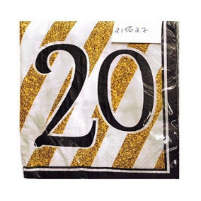20th Anniversary Napkins (Pack of 16) Black/White/Gold (One Size)