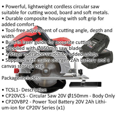 20V 150mm Cordless Circular Saw Kit - Powerful Laser Guided Cutter With Guide
