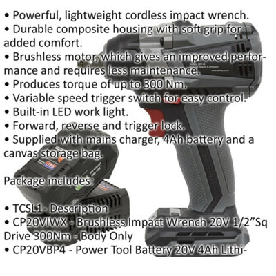 20V 300Nm Cordless Brushless Impact Wrench & 1x Li-Ion Battery 1/2" Square Drive