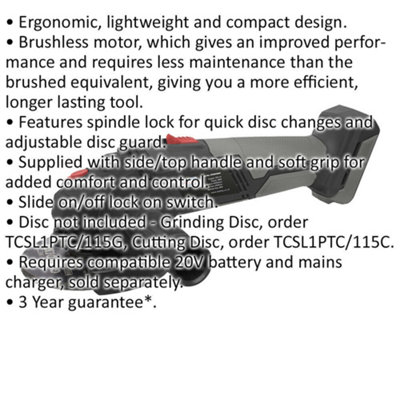 20V Brushless Angle Grinder - 115mm Disc - BODY ONLY - M14 Spindle - 48W Motor