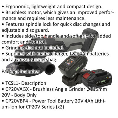 20V Brushless Angle Grinder Kit - Includes 2 x 4Ah Batteries & Charger - Bag