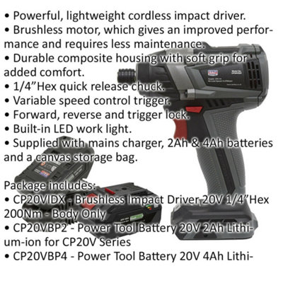 20V Brushless Impact Driver Kit - 1/4" Hex Drive - Variable Speed - 2 Batteries