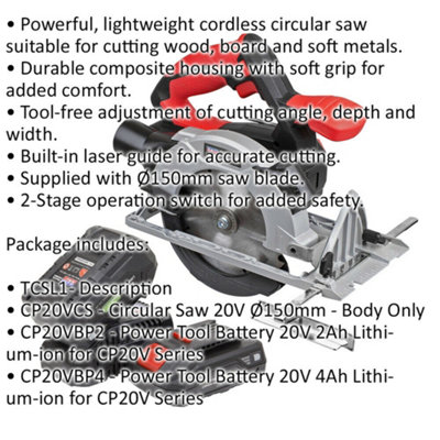 20V Cordless Circular Saw Kit - 150mm Blade - 2 x Batteries & Charger - Bag
