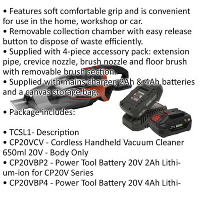 20V Cordless Handheld Vacuum Cleaner Kit - 2 Batteries & Charger - Canvas Bag