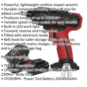 20V Cordless Impact Wrench Kit - 1/2" Sq Drive - With 2 x Batteries & Charger