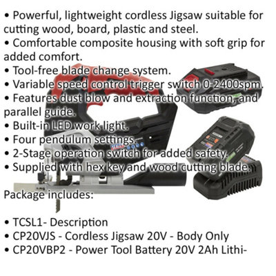 20V Cordless Jigsaw & 2x Li-Ion Batteries - Variable Speed Control Wood & Metal