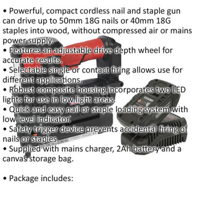 20V Cordless Nail / Staple Gun & Li-Ion Battery - 18 Gauge x 50mm Nails Wood Pin