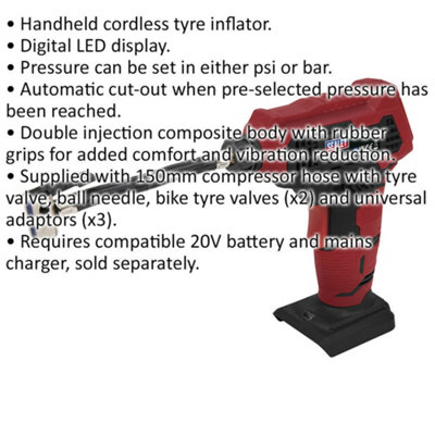 20V Cordless Tyre Inflator - Automatic Cut Out - BODY ONLY - Composite Build