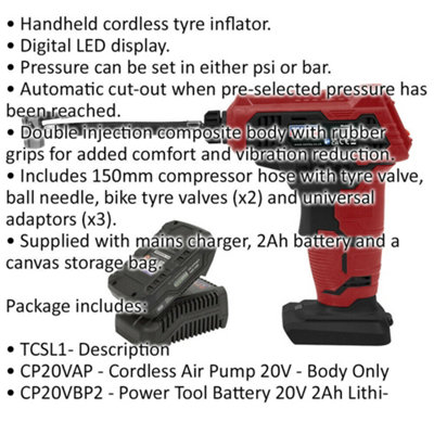 20V Cordless Tyre Inflator Kit - Includes 2Ah Battery & Charger - Storage Bag