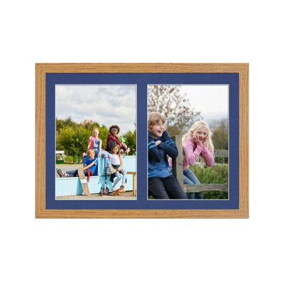 20X14 Oak Modern Multi Photo Frame with Blue Mount - Holds 2 Apertures ...