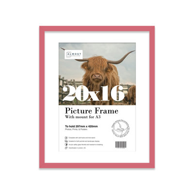20x16" Pink Frame With Mount for A3 Pictures 20mm Thin Edge Portrait and Landscape Display with Wall Hooks