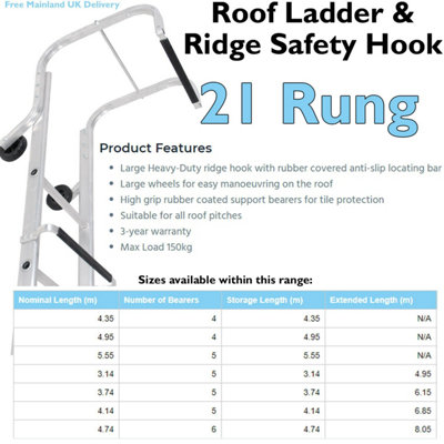 21 Rung Roof Ladder & Ridge Safety Hook Single Section 5.5m Tile Grip Steps