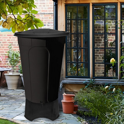 210L Black WaterButt, 210 Litre Water Butt Kit with Water Butt Stand, Tap and Black Lid for Garden