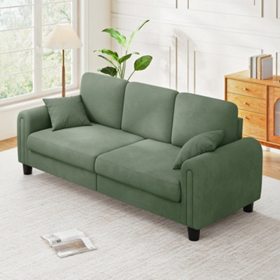 215CM Waffle Upholstered Green Couch, 3 Seater SofaSolid Wood Frame ...