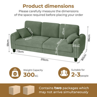 215CM Waffle Upholstered Green Couch, 3 Seater SofaSolid Wood Frame ...