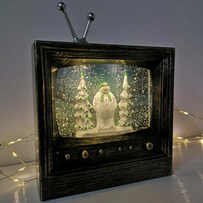 21cm Musical Dual Power LED Christmas Glitter Water Spinner Retro TV The Snowman & The Snow dog™ Scene