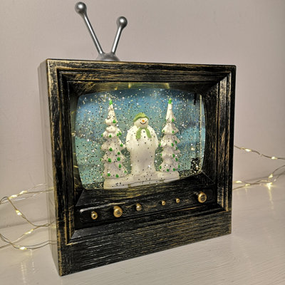 21cm Musical Dual Power LED Christmas Glitter Water Spinner Retro TV The Snowman & The Snow dog™ Scene
