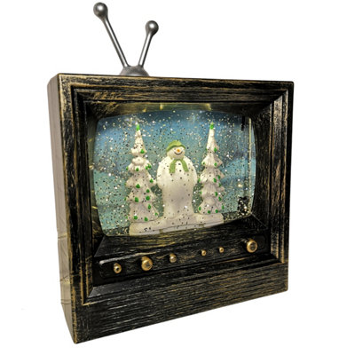 21cm Musical Dual Power LED Christmas Glitter Water Spinner Retro TV The Snowman & The Snow dog™ Scene