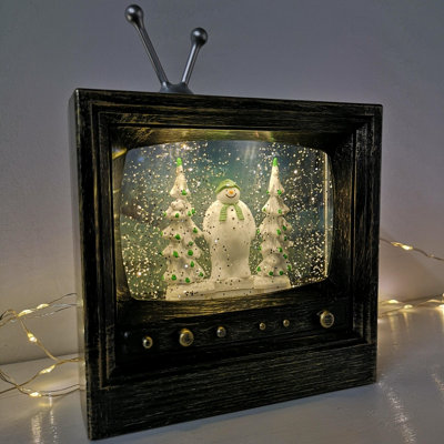 21cm Musical Dual Power LED Christmas Glitter Water Spinner Retro TV The Snowman & The Snow dog™ Scene